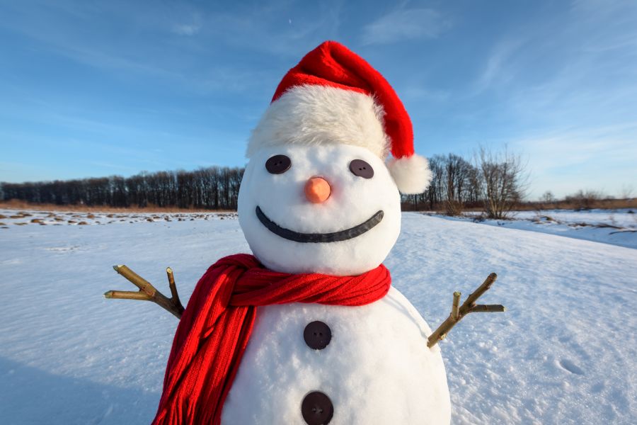 Funny snowman in Santa hat and red scalf on snowy field. Merry Christmass and happy New Year!